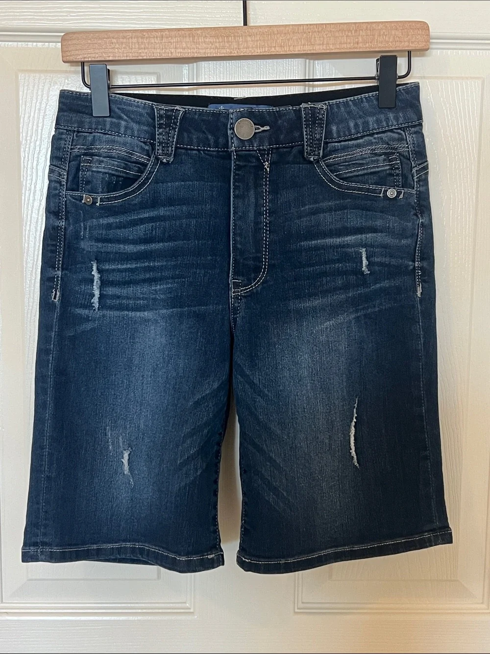Democracy Shorts Ab Solution 0 Blue Distressed Denim Bermuda Jeans Roll Up Long